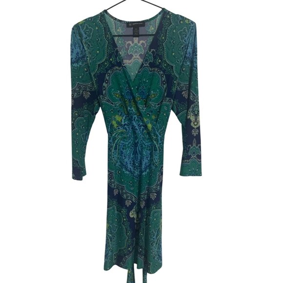 INC Green & Blue Paisley Print Wrap Dress Long Sleeves P/M Stretch Comfort Loght - Picture 1 of 4